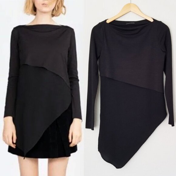 ZARA Long Sleeve Asymmetric Tiered Layered Top Tunic Blouse S Black Minimalist - Picture 2 of 12